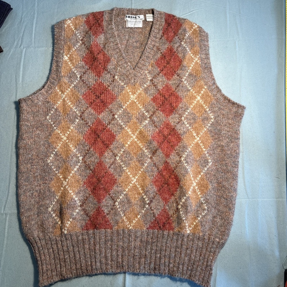 Filenes Mens Argyle Sweater Vest Brown Wool Shetland Made in Scotland Large L